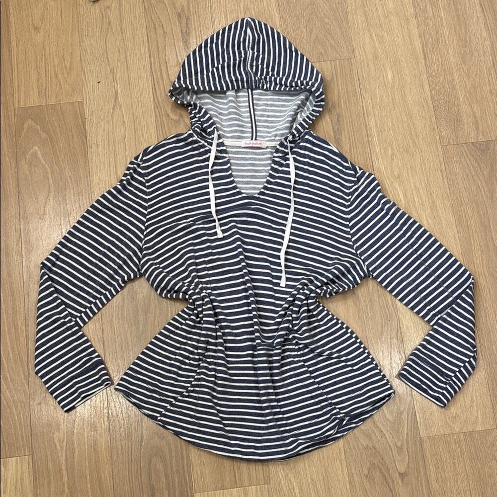 Fresh Produce Navy and White Striped Hooded Pullover Top Size XL